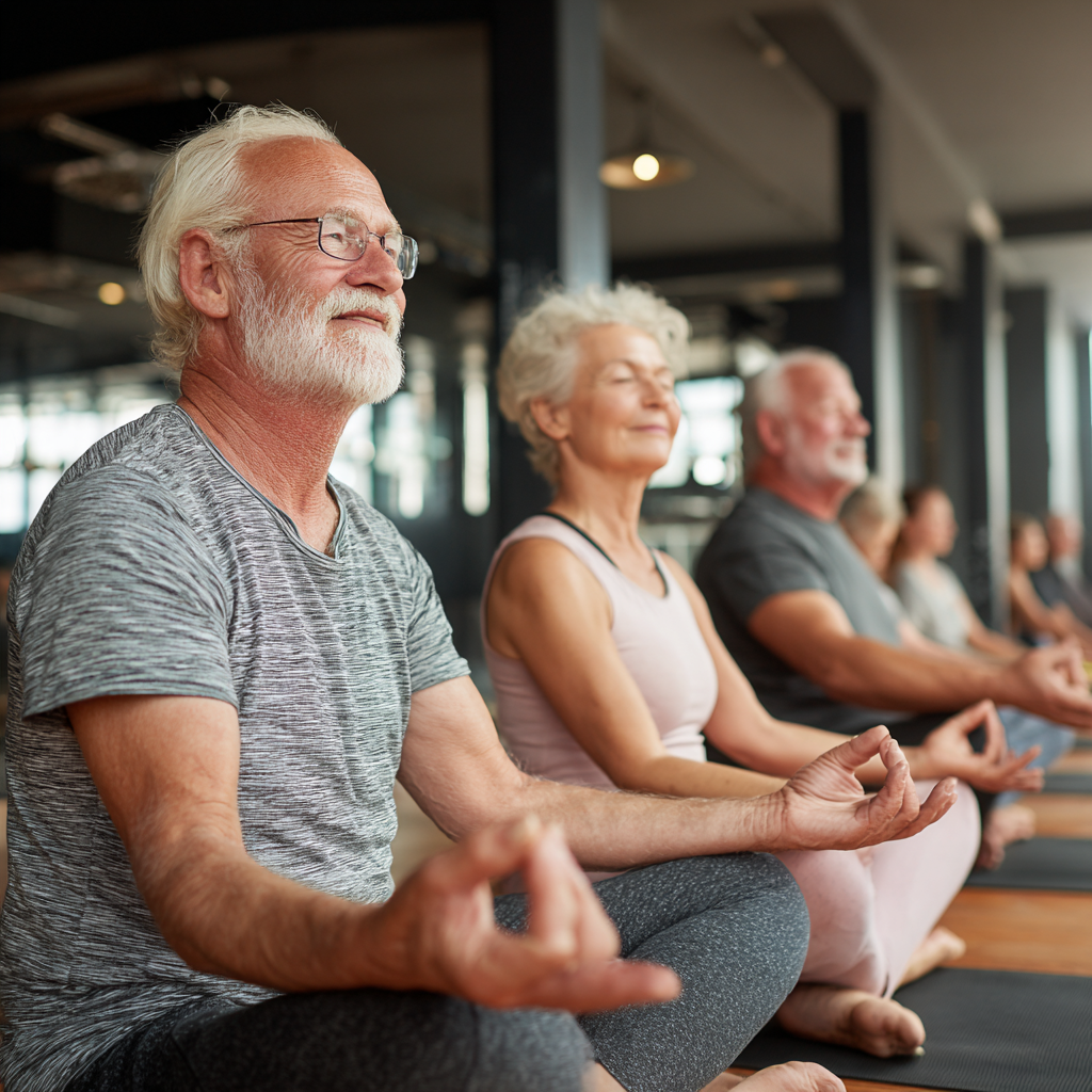Experienced older adults enjoying gentle yoga session together